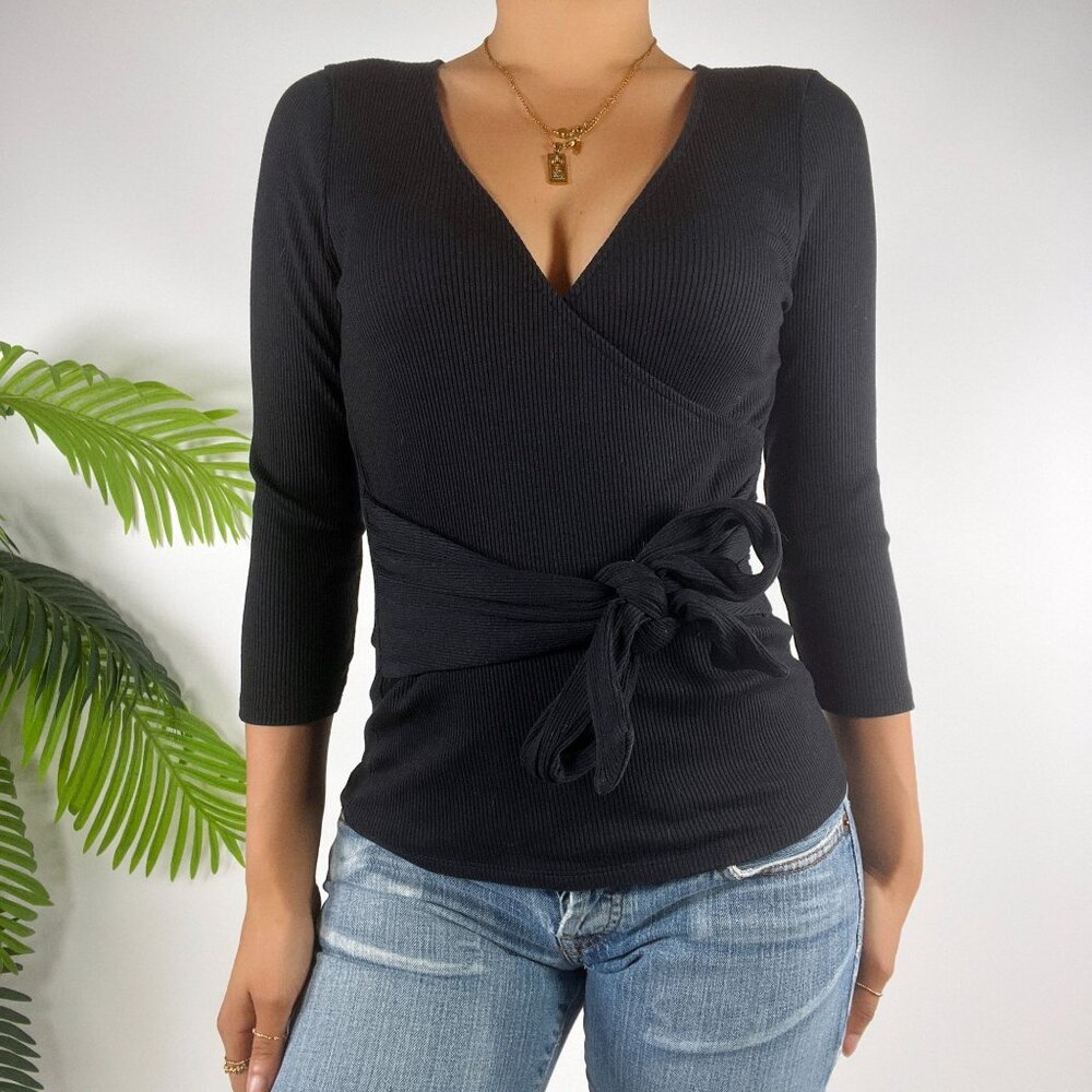 One Eleven Black Wrap Long-Sleeve Ribbed Knit Top With Tie Waist / Small